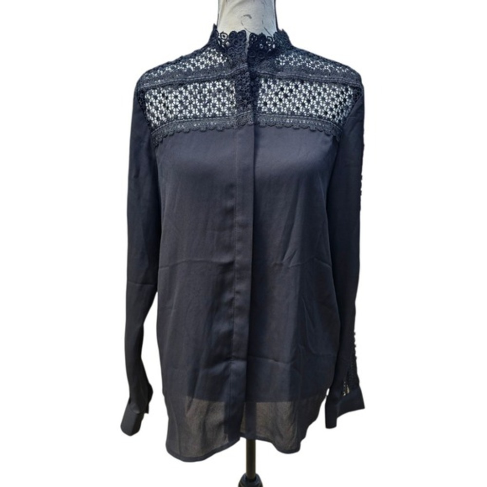 The‎ Kooples -538 NWT Dull Matt and Lace Blouse Black Long Sleeve Size 1= 4 US